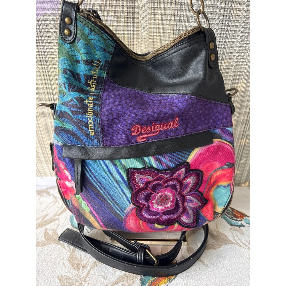 Desigual Patchwork Floral Embroidered Boho Crossbody Hobo Bag Multi Color